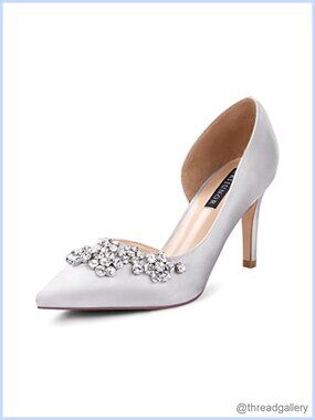 Pointy Toe Mid Heels Pumps Rhinestone Satin D'Orsay Formal Party Shoes